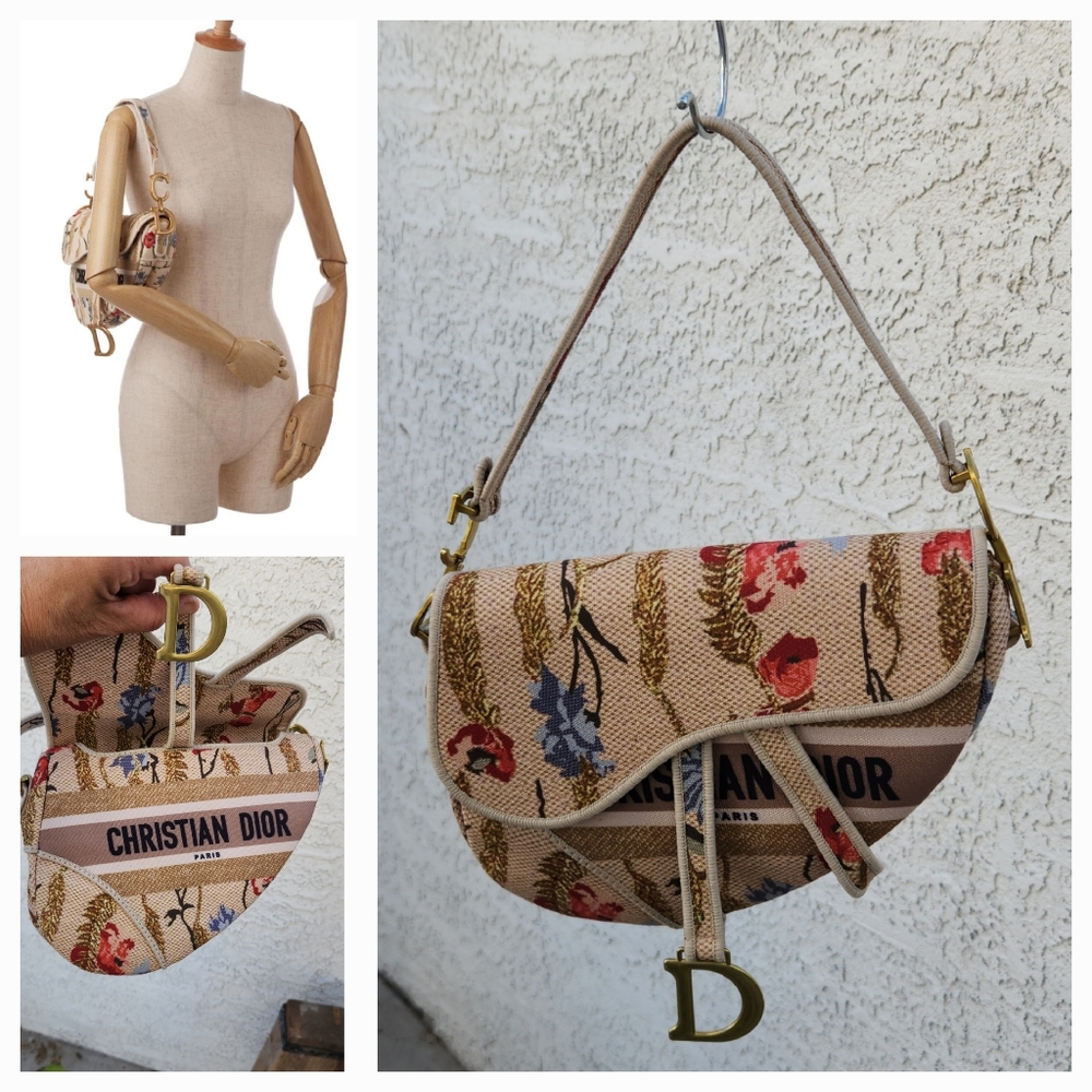 Christian Dior Floral Saddle Bag - Tan and Red